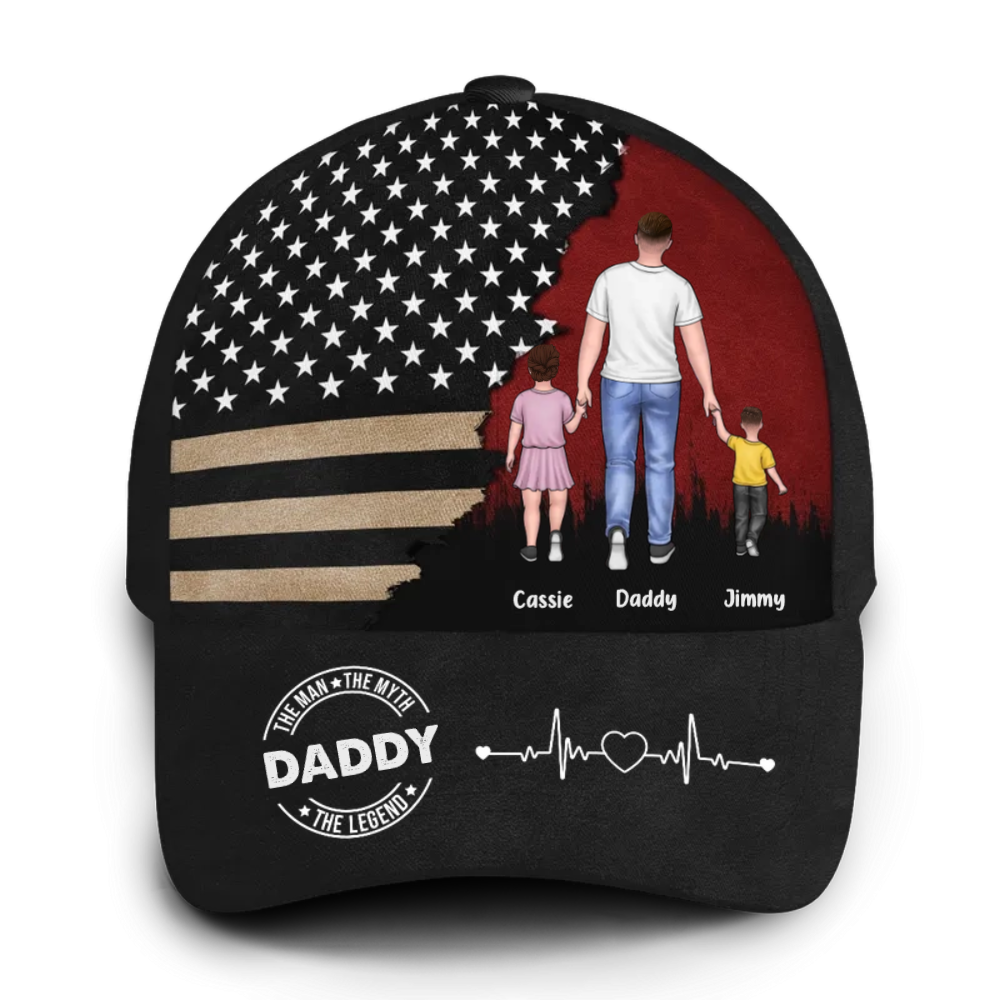 Daddy Walking With Kids National Flag - Personalized Classic Cap - Gift For Dad, Father's Day, Birthday Gift, 4th Of July