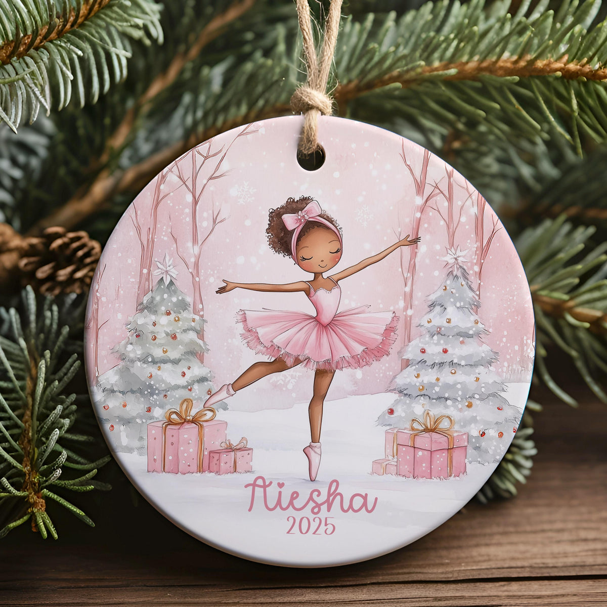 Personalized Pink Ballerina Ornament, Girls Pink Dancer Christmas Gift Ornaments with Name, African American Ballerina, Ornaments for Girls