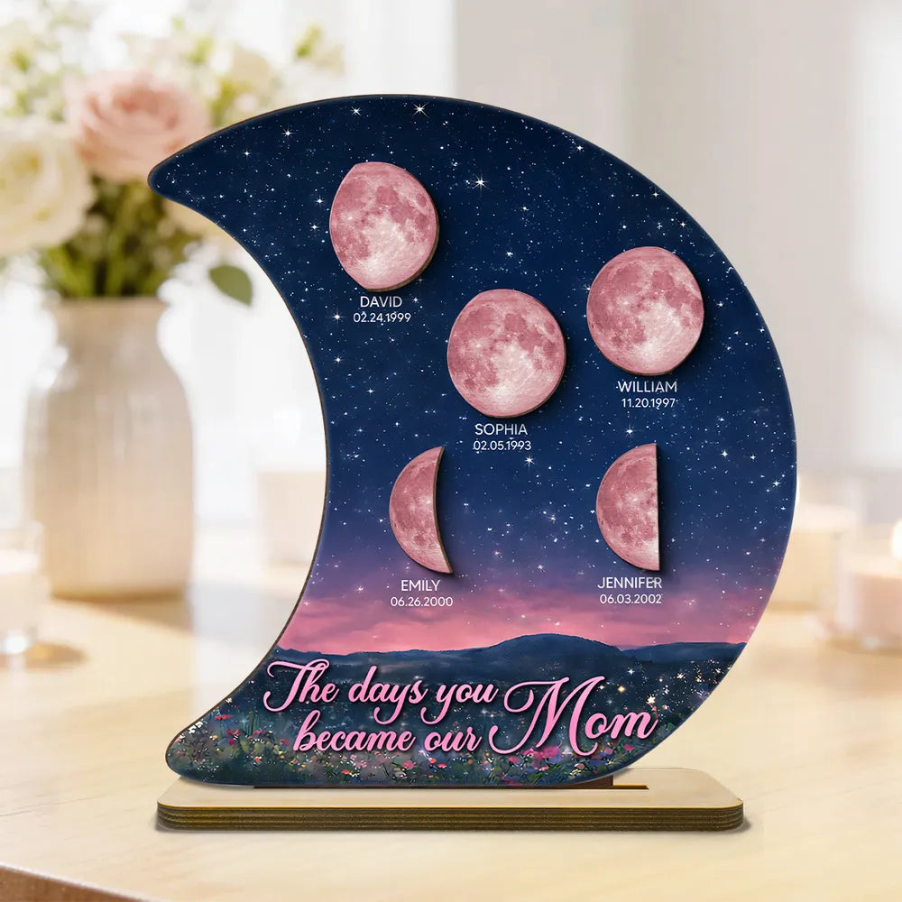 The Days You Became Our Mom Custom Pink Moon Phase - Personalized Wooden Plaque - Heartfelt Gift For Mom, Grandma, Mother's Day Gift
