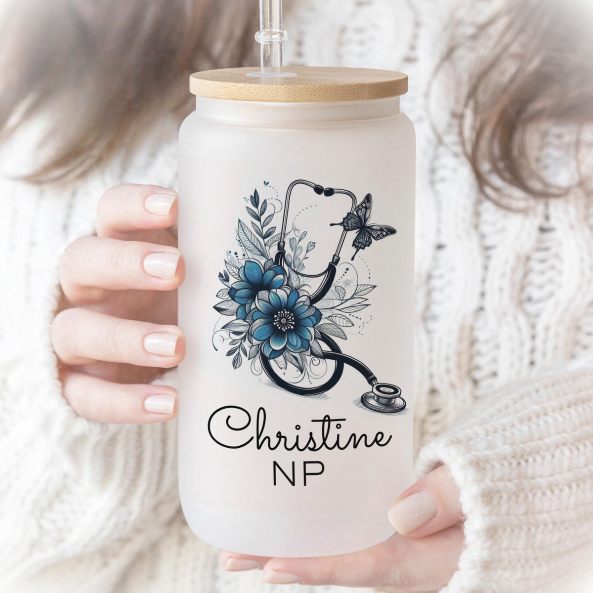 Personalized Nurse Practitioner Glass Cup, Floral Stethoscope NP Gift, Glass Tumbler NP Grad Gift, NP Gifts, Np Cup With Name