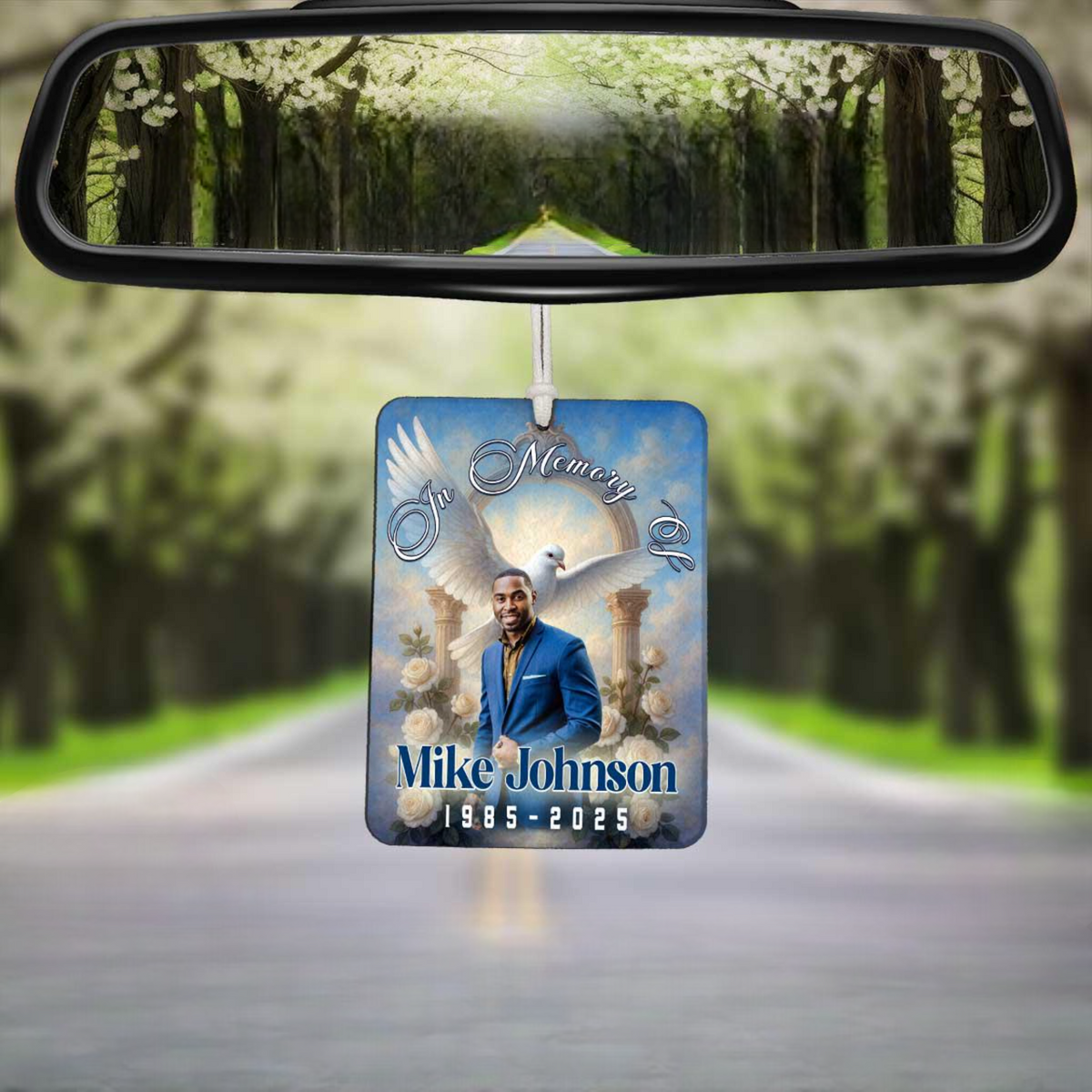 Personalized Photo Memorial Car Air Freshener, Heaven's Gate, Dove & Roses, Photo Portrait Sympathy Gift