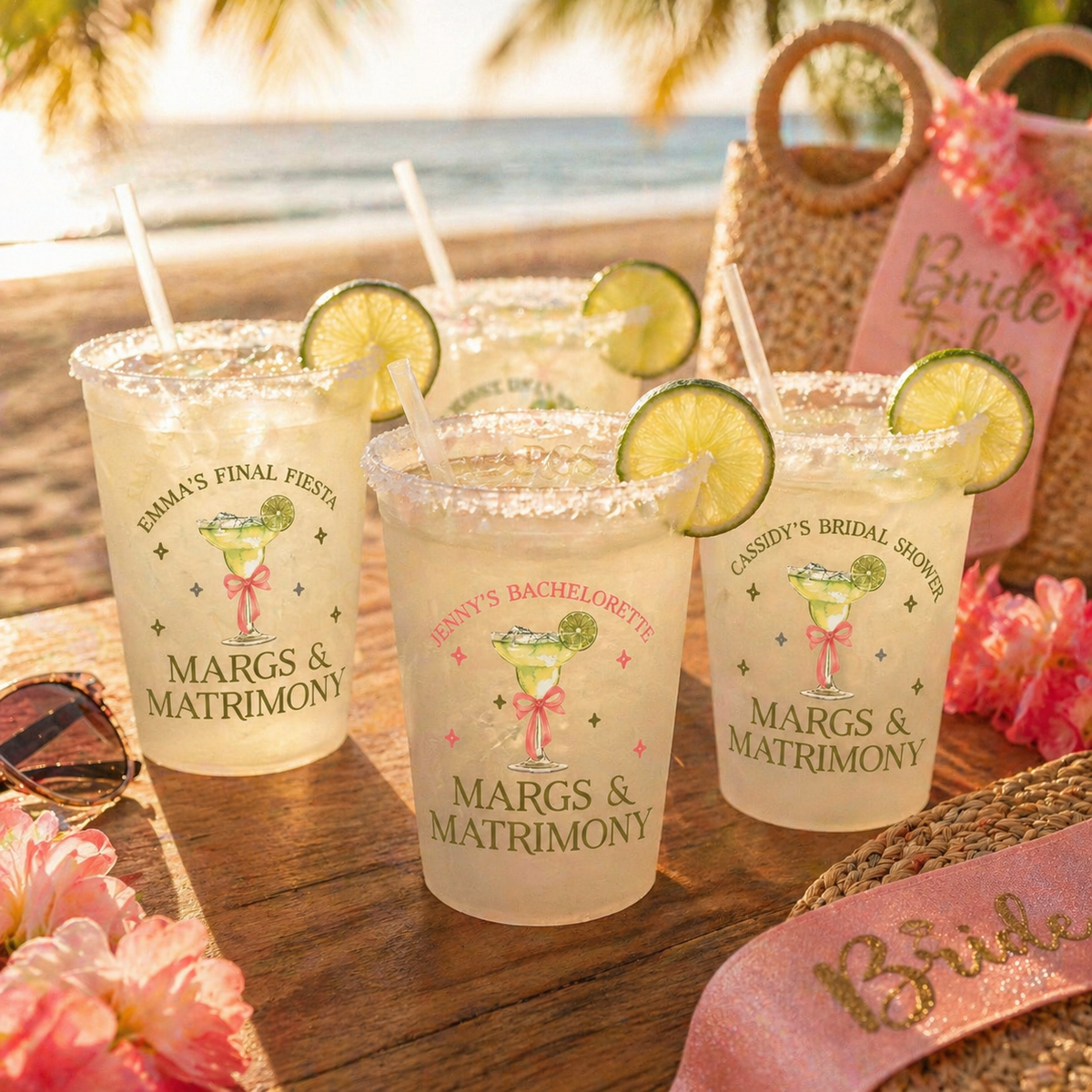 Margs & Matrimony Bachelorette Party Cups, Personalized Margarita Mexico Favors, Custom Frosted Cup Party Favors
