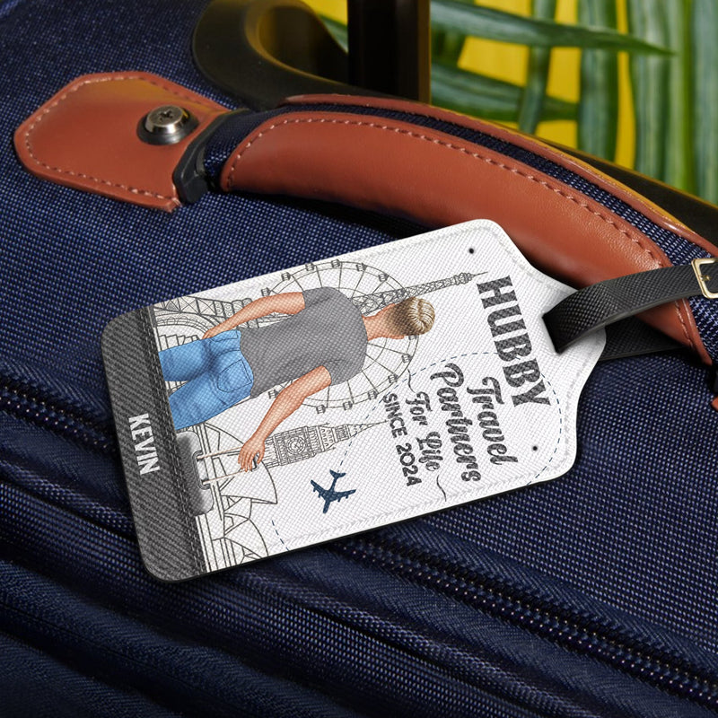 Hubby & Wifey Travel Partners For Life - Personalized Leather Luggage Tag - Gift For Couple, Travelling Lovers