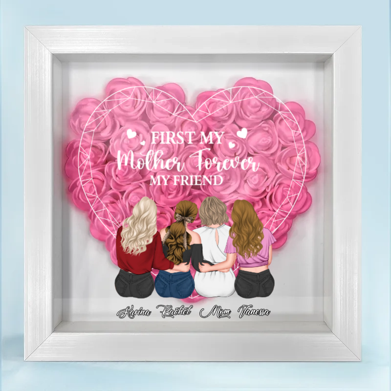 Mother & Daughters Forever Linked Together Diamond Heart - Personalized Flower Frame Box - Gift For Mother, Birthday Gift, Mother's Day Gift