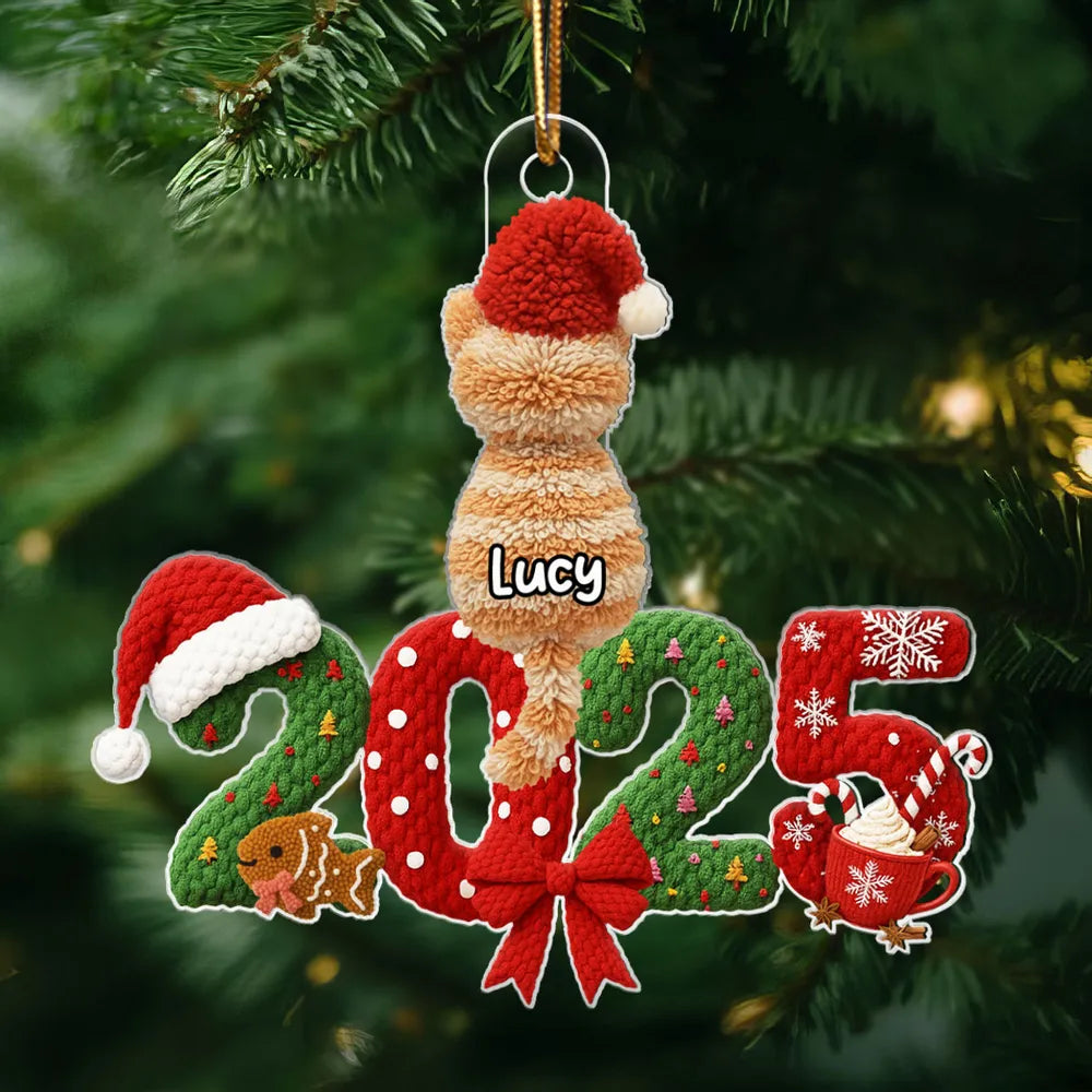 2025 Cat Lovers 3D Faux Yarn Effect - Personalized Acrylic Ornament - Christmas Gift for Cat Moms, Cat Dads