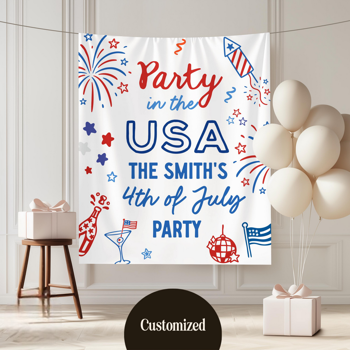 Personalized 4th of July Party Banner, Family BBQ Sign, America 250th Anniversary Photo Backdrop Tapestry, USA Celebration Decor