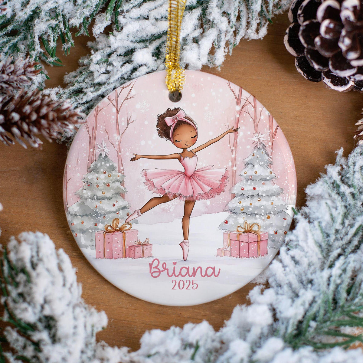 Personalized Pink Ballerina Ornament, Girls Pink Dancer Christmas Gift Ornaments with Name, African American Ballerina, Ornaments for Girls