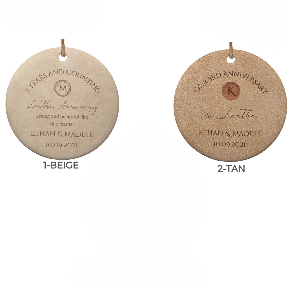 Personalized 3rd Anniversary Ornament, Leather Wedding Anniversary Gift, Three Year Anniversary Ceramic Ornament, 3rd Year Gift For Husband Wife
