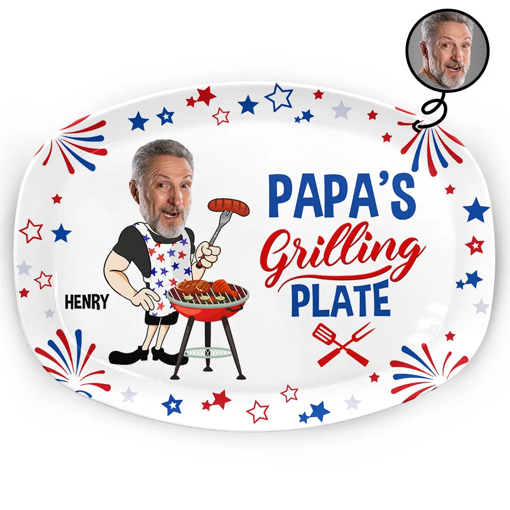Custom Photo Papa's Grilling Plate Stars & Strips - Personalized Platter - 4th Of July Gift, Patriotic Gift For Family, Gift For Grilling Dad