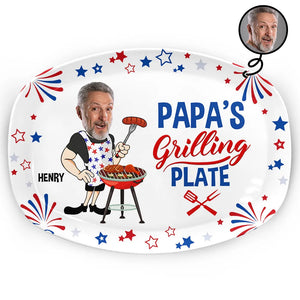 Custom Photo Papa's Grilling Plate Stars & Strips - Personalized Platter - 4th Of July Gift, Patriotic Gift For Family, Gift For Grilling Dad