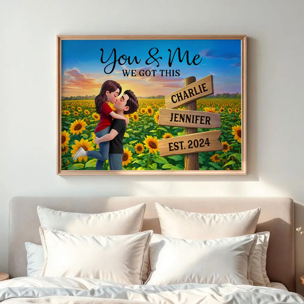 Sunflower Kissing Couple - Personalized Canvas - Anniversary Gift, Valentine's Day Gift For Couple