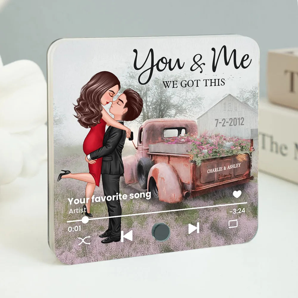 Vintage Truck Farmhouse Couple Hugging Kissing, Personalized Music Fridge Magnet, Anniversary Gift For Him, For Her