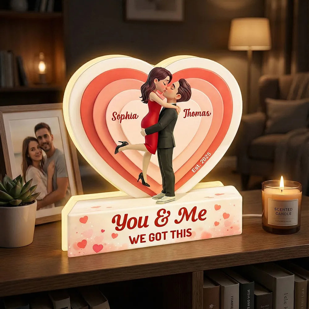 3D Kissing Couple Pink Heart - Personalized Acrylic Light Box - Heartfelt Valentine's Day Gift, Anniversary Gift For Couple