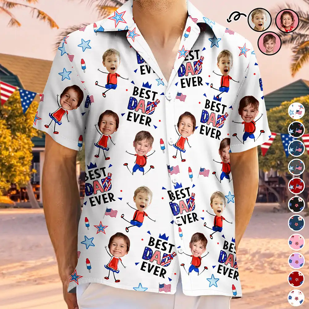 Custom Photo Stars & Stripes Best Dad Mom Grandpa Grandma Ever - Personalized Hawaiian Shirt - Gift For Dad Grandpa, Father's Day Gift