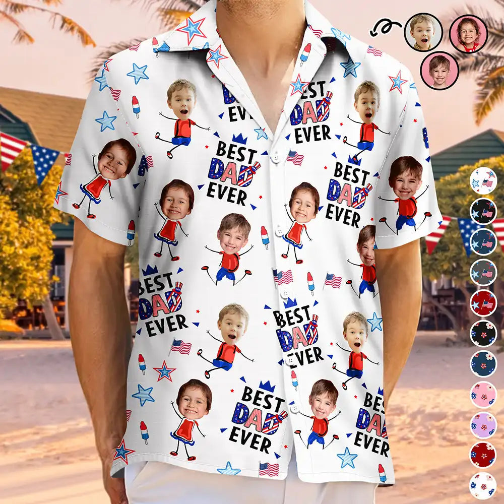 Custom Photo Stars & Stripes Best Dad Mom Grandpa Grandma Ever - Personalized Hawaiian Shirt - Gift For Dad Grandpa, Father's Day Gift