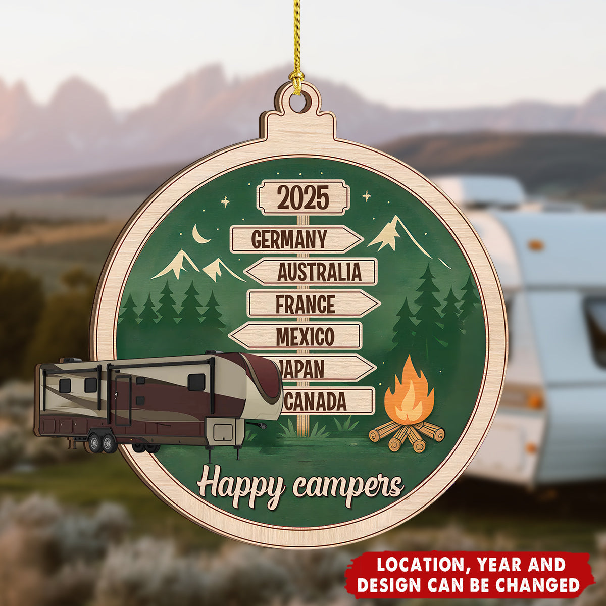 Camping Woodland Adventure - Personalized Wooden Ornament - Christmas Gift For Travel Lovers