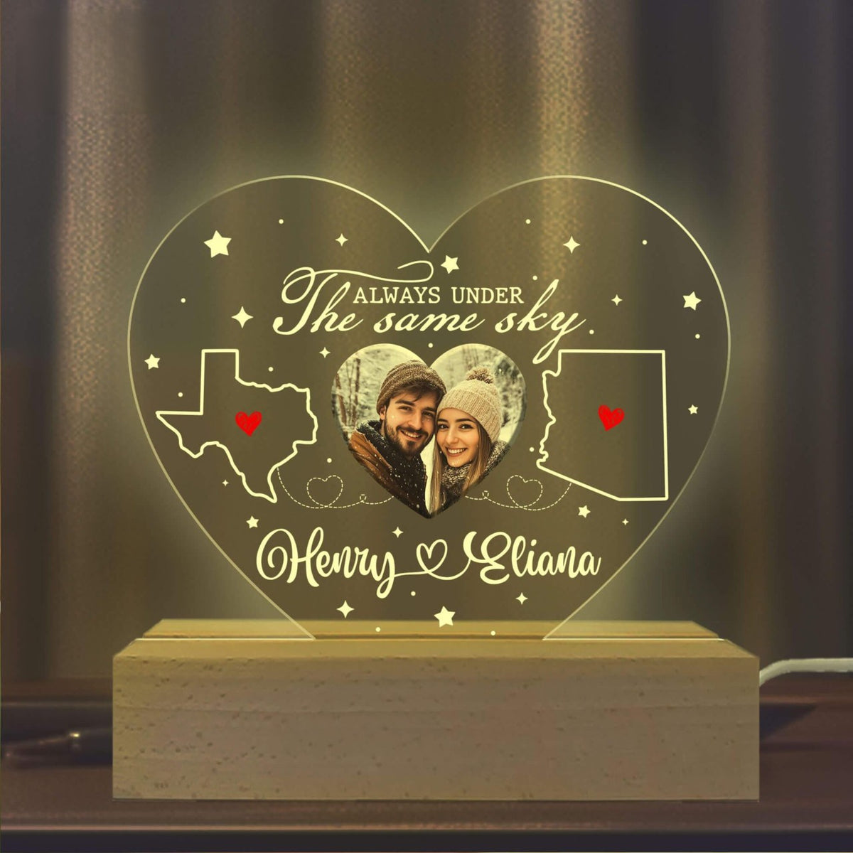 Always Under The Same Sky Custom Couple Photo - Personalized 3D LED Light Wooden Base - Long Distance Gift For Couple, Valentines Day Gift, Anniversary Gift, Engagement Gift