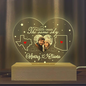 Always Under The Same Sky Custom Couple Photo - Personalized 3D LED Light Wooden Base - Long Distance Gift For Couple, Valentines Day Gift, Anniversary Gift, Engagement Gift