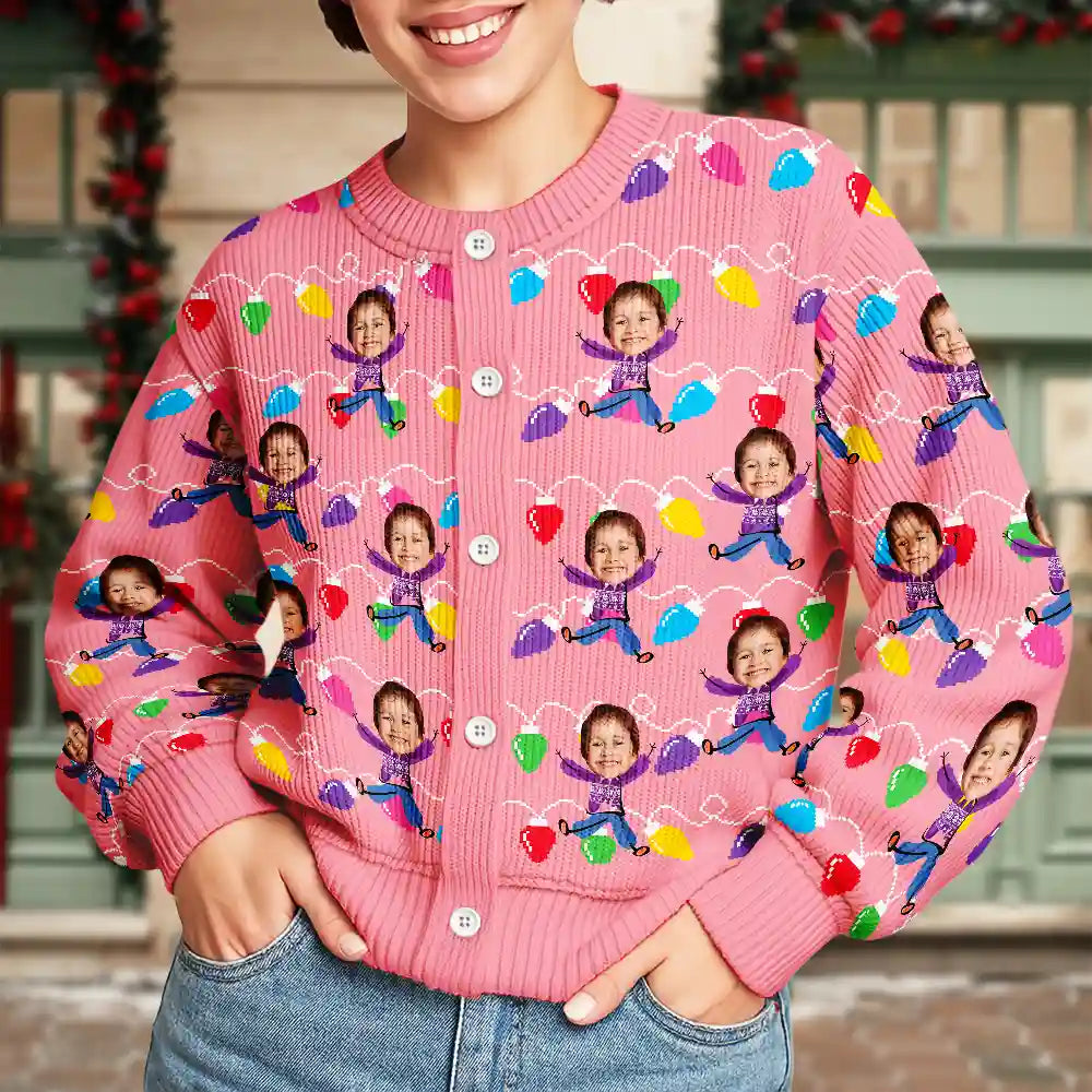 Custom Photo Funny Kids Christmas Light - Personalized Cardigan - Christmas Gift For Family
