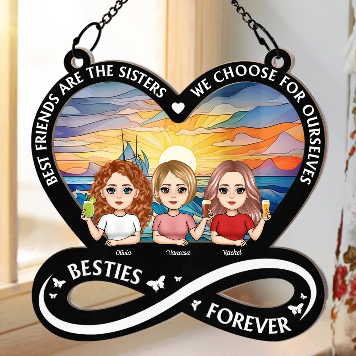 Not Sister By Blood Doll Sisters - Personalized Suncatcher Ornament - Gift For Besties, Sisters, BFF, Window Hanging Decoration