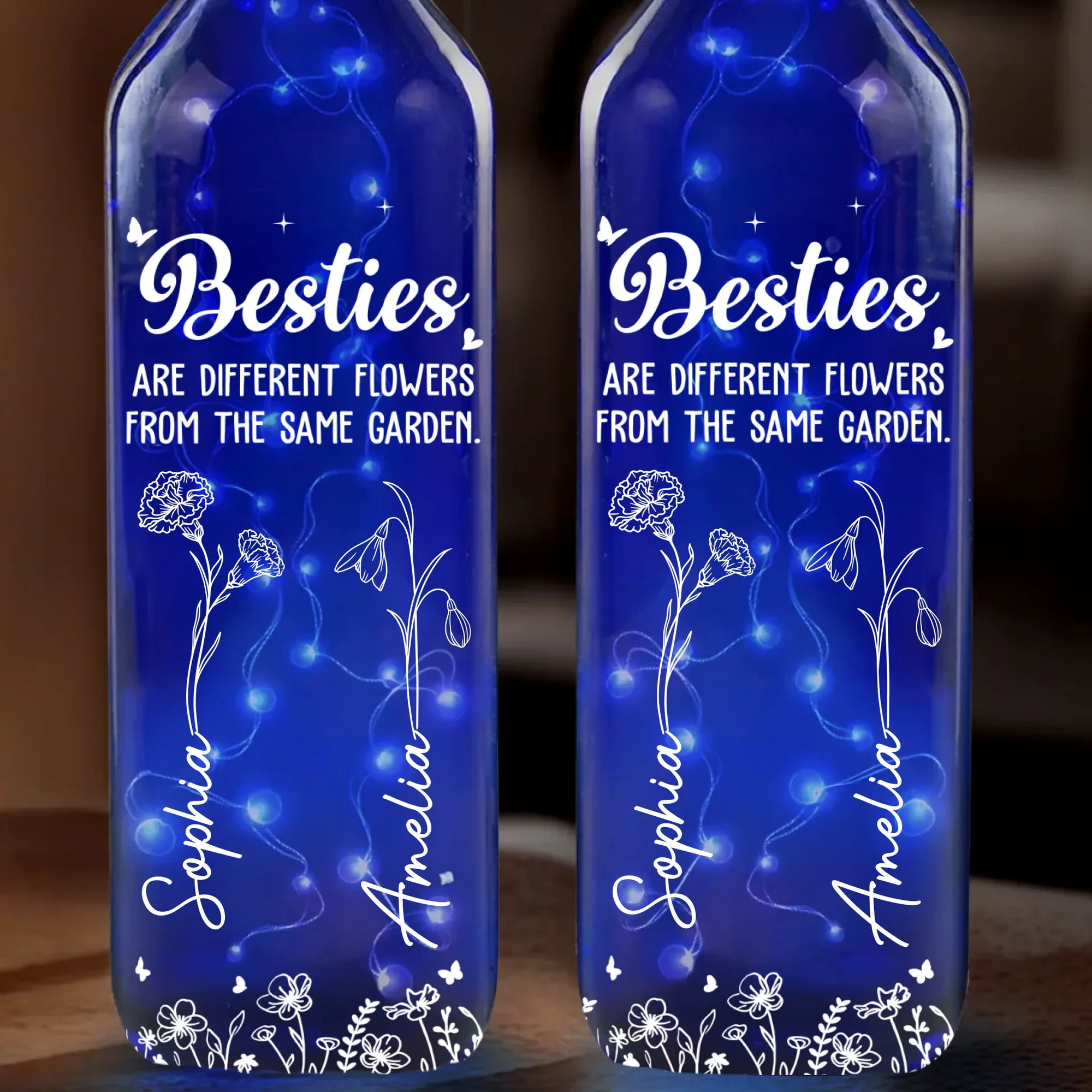 Sisters Are Different Flowers From The Same Garden - Personalized Blue Bottle Lamp - Gift For Best Friends, BFF, Sisters