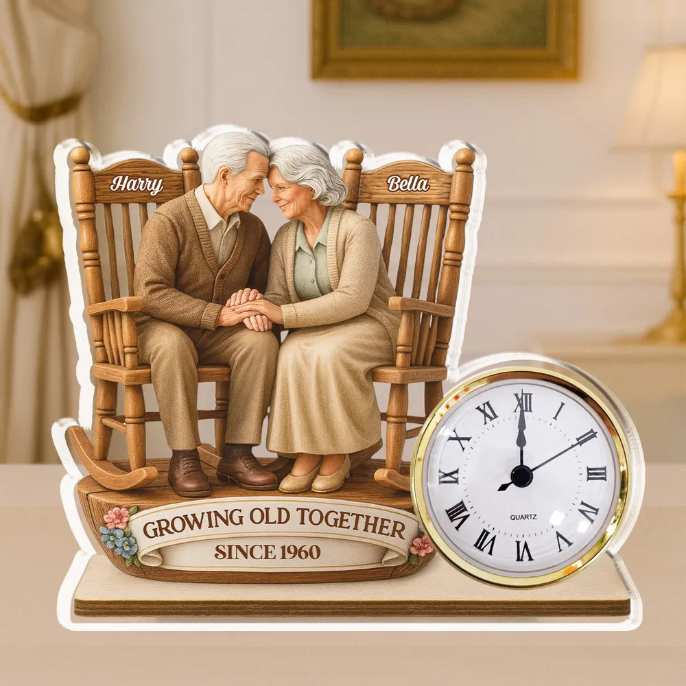 Growing Old Together Old Couple - Personalized Acrylic Desk Clock - Anniversary Gift For Couple