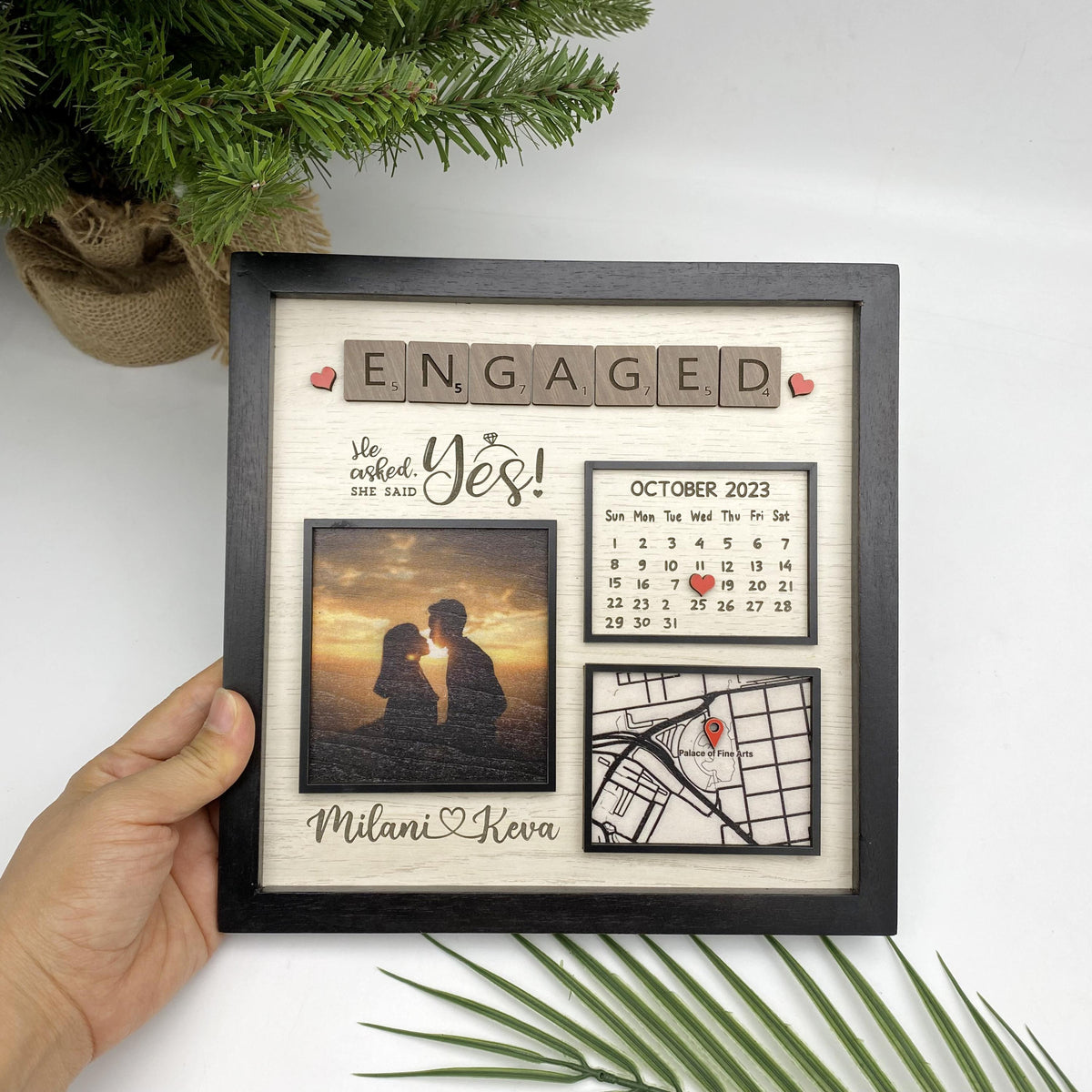 Where She Say Yes Custom Photo Calendar & Location - Personalized Wooden Frame - Gift For Couple