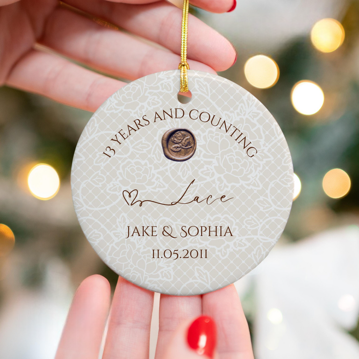 Personalize 13th Anniversary Ornament, Lace Effect Wedding Anniversary Gift, 13th Year Anniversary Ceramic Ornament, 13 Years Married Gift For Husband Wife
