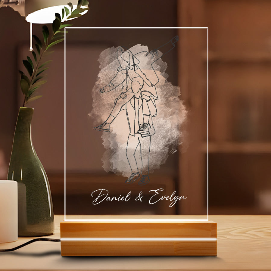 Couple Outline Portrait - Personalized 3D LED Light Wooden Base - Gift For Couple