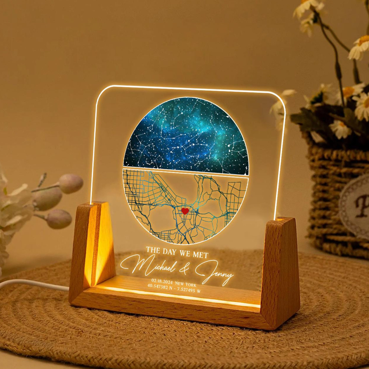 Our First Date Map Night Light, Star Map Desk Name Plate, Stars Chart Gift for Boyfriend Girlfriend, Anniversary Gift for Couple