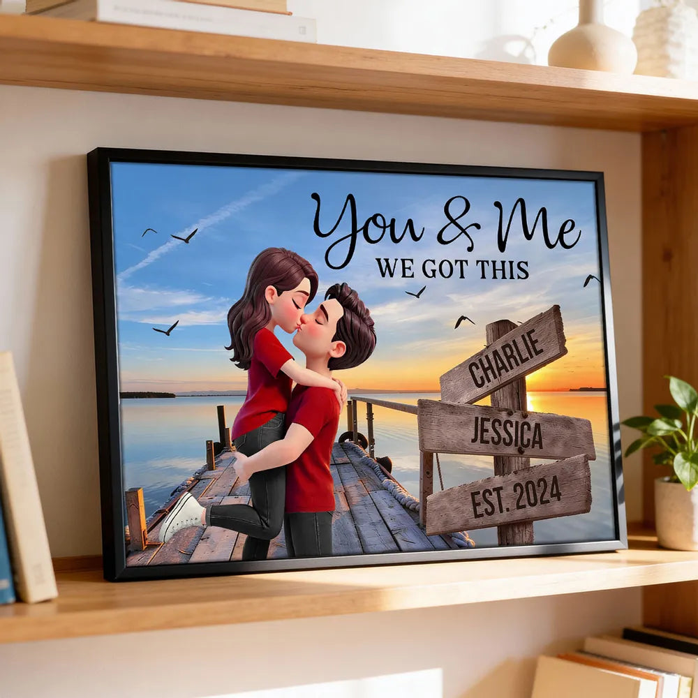 Lake Dock Sign Posts Kissing Couple - Personalized Canvas - Anniversary Gift, Valentine's Day Gift For Couple