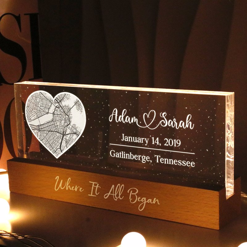 Where It All Began Couple Location, Personalized LED Light Wooden Base, Engagement Gift, Anniversary Gift, Heartfelt Keepsake For Couples