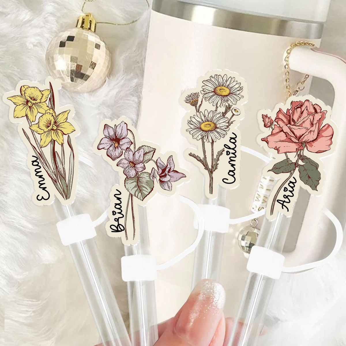 Personalized Birth Month Flower Straw Stopper, Custom Straw Cover With Name, Accessories Gift For Mom Grandma Sister Bestie