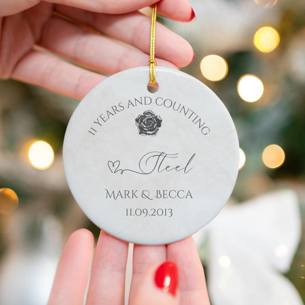 Personalize 11th Anniversary Ornament, Steel Wedding Anniversary Gift, 11th Year Anniversary Ceramic, 11 Years Married Keepsake Gift