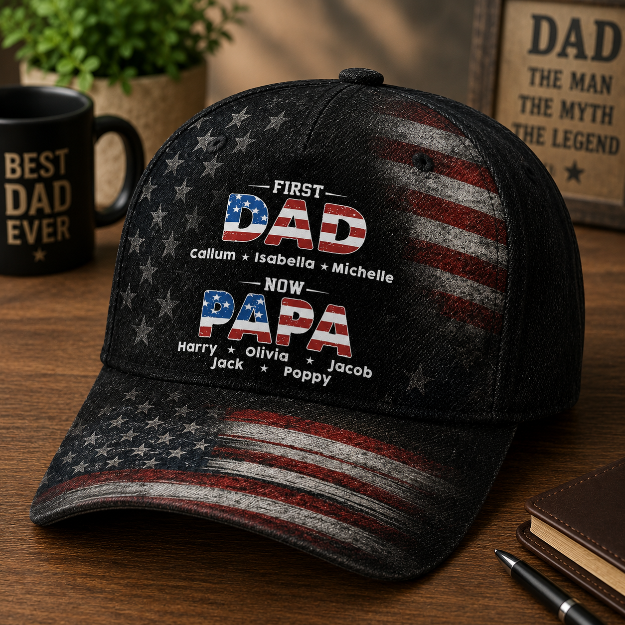 First Dad Then Papa Classic Cap, Personalized American Flag Baseball Cap, Gift For Father Grandpa