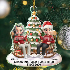 Growing Old Together 3D Effect Couple Sitting - Personalized Custom Shaped Acrylic Ornament - Christmas Gift For Couple