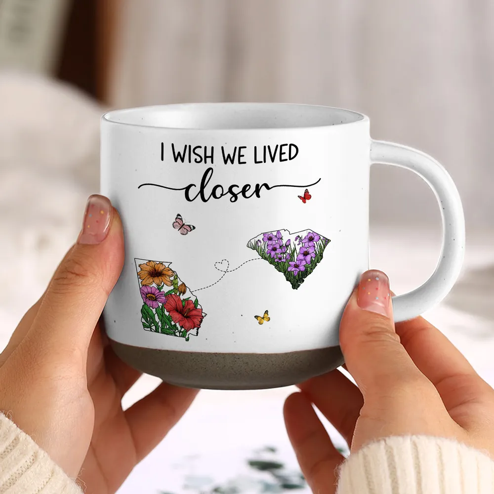 Wish We Lived Closer Wildflower State Map - Personalized Pottery Mug - Gift For Family, Bestie, Long Distance Relationship