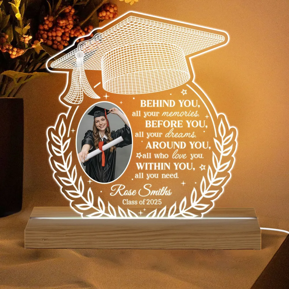 Behind You All Your Memories Upload Graduation Photo - Personalized 3D LED Light Wooden Base - Graduation Gift