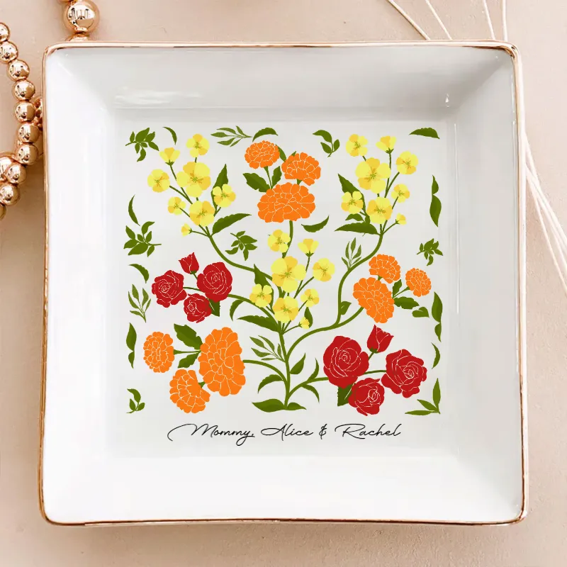 Mom & Daughter Flower Bouquet - Personalized Jewelry Plate - Gift For Mom, Mother's Day, Birthday Gift