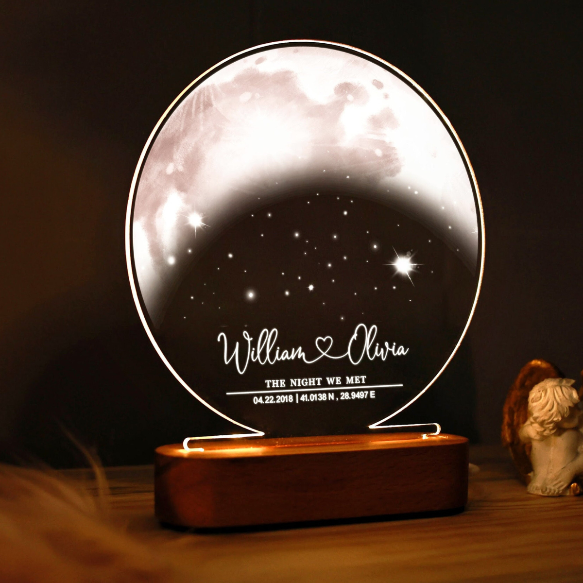 Custom Moon Phase Unique Wedding Gift Idea, Acrylic Moon LED Light Wooden Base, Gift For Couple