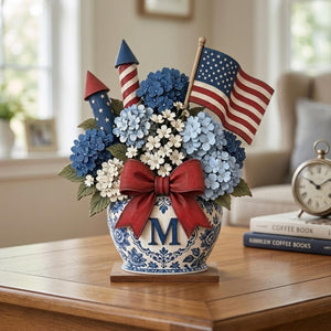 Personalized Patriotic Blue Hydrangea Vase Decor, Custom Monogram Chinoiserie Floral Arrangement, 4th of July Independence Day Gift