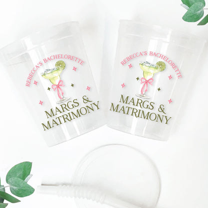 Margs & Matrimony Bachelorette Party Cups, Personalized Margarita Mexico Favors, Custom Frosted Cup Party Favors