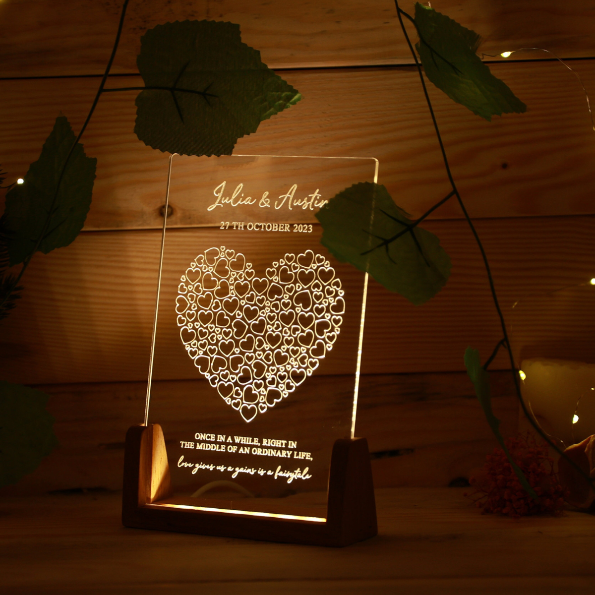 Custom Name & Quote Night Light - Personalized Desk Name Plate - Heart Light with Names and Quote - Unique Gift for Couples