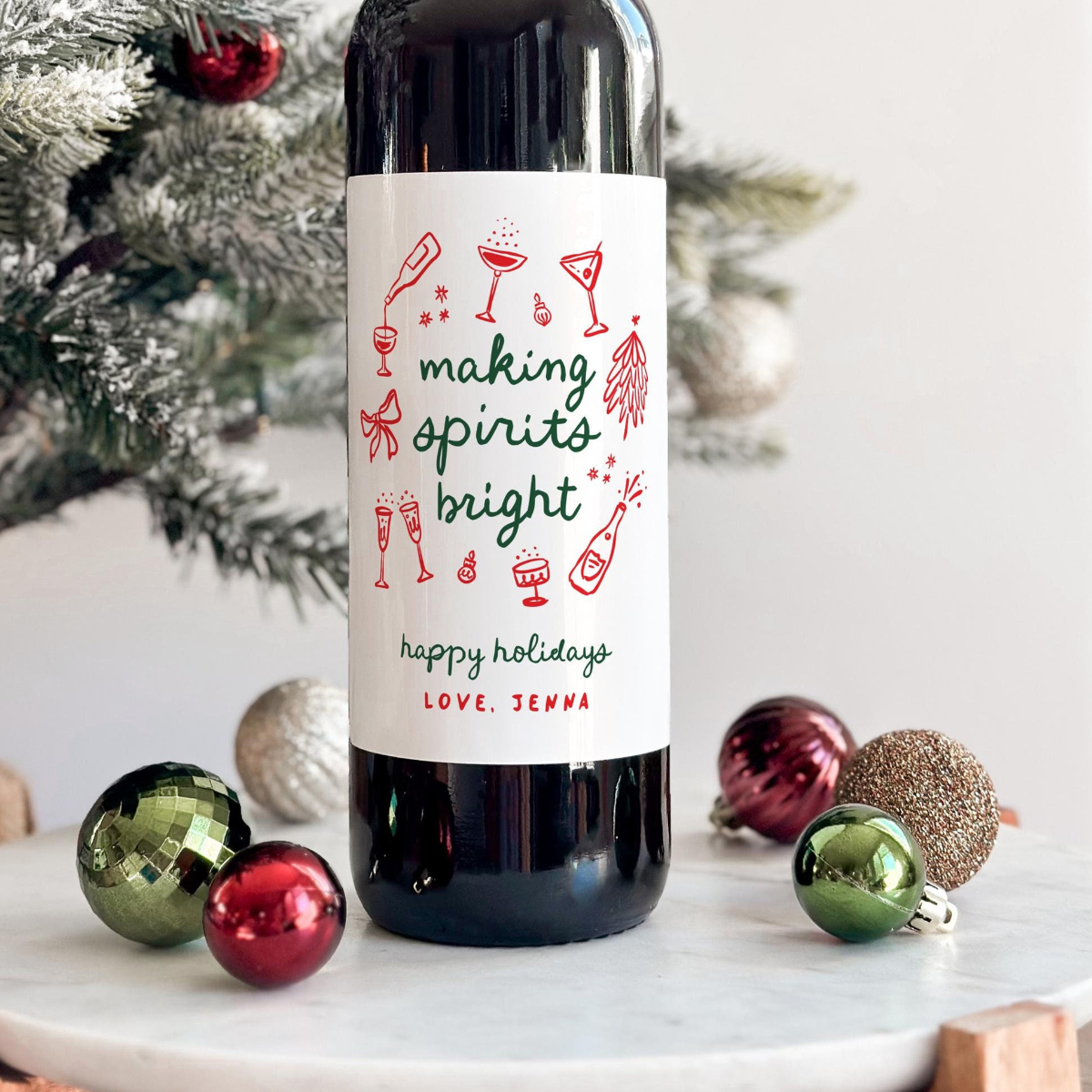Whimsical Christmas Liquor Bottle Labels, Holiday Wine Gift Labels, Hand Drawn Holiday Party Favor Stocking Stuffer Coworker Christmas Gift