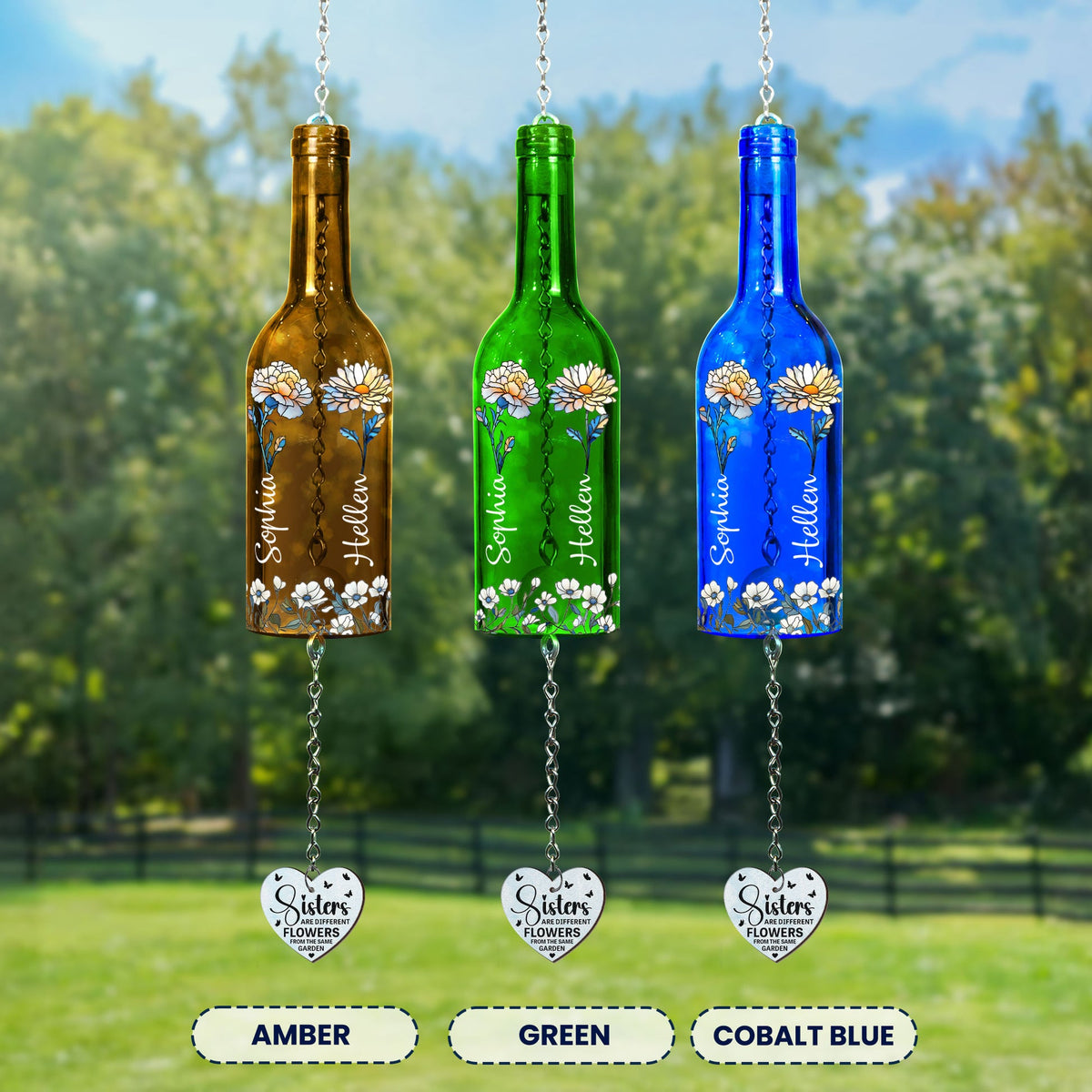 Sisters Birth Month Flowers - Personalized Wine Bottle Wind Chime - Birthday Gift For Sisters, Besties