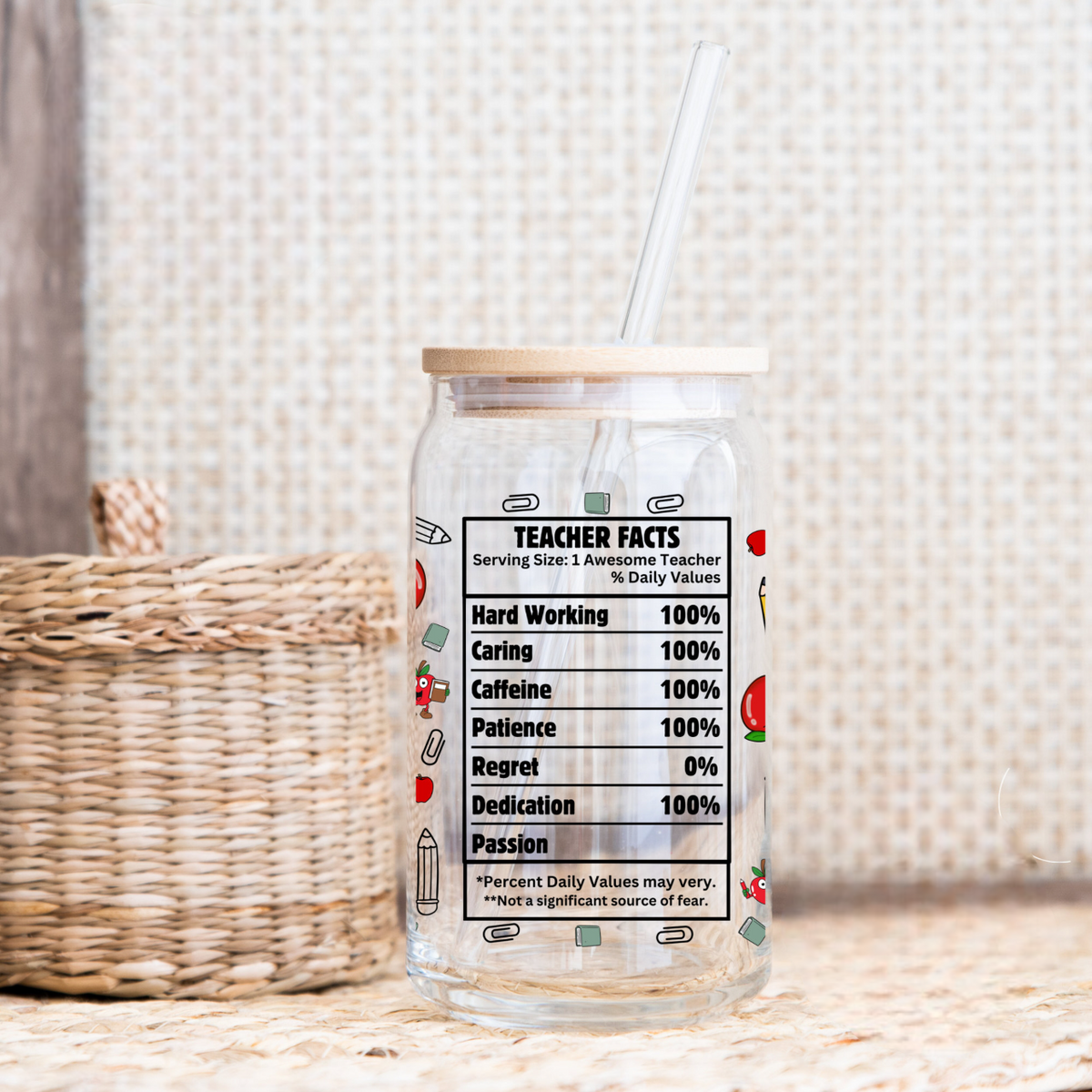 Personalized Teacher Facts Glass Tumbler Cup, Teacher Gift Iced Coffee, Teacher Appreciation Gift