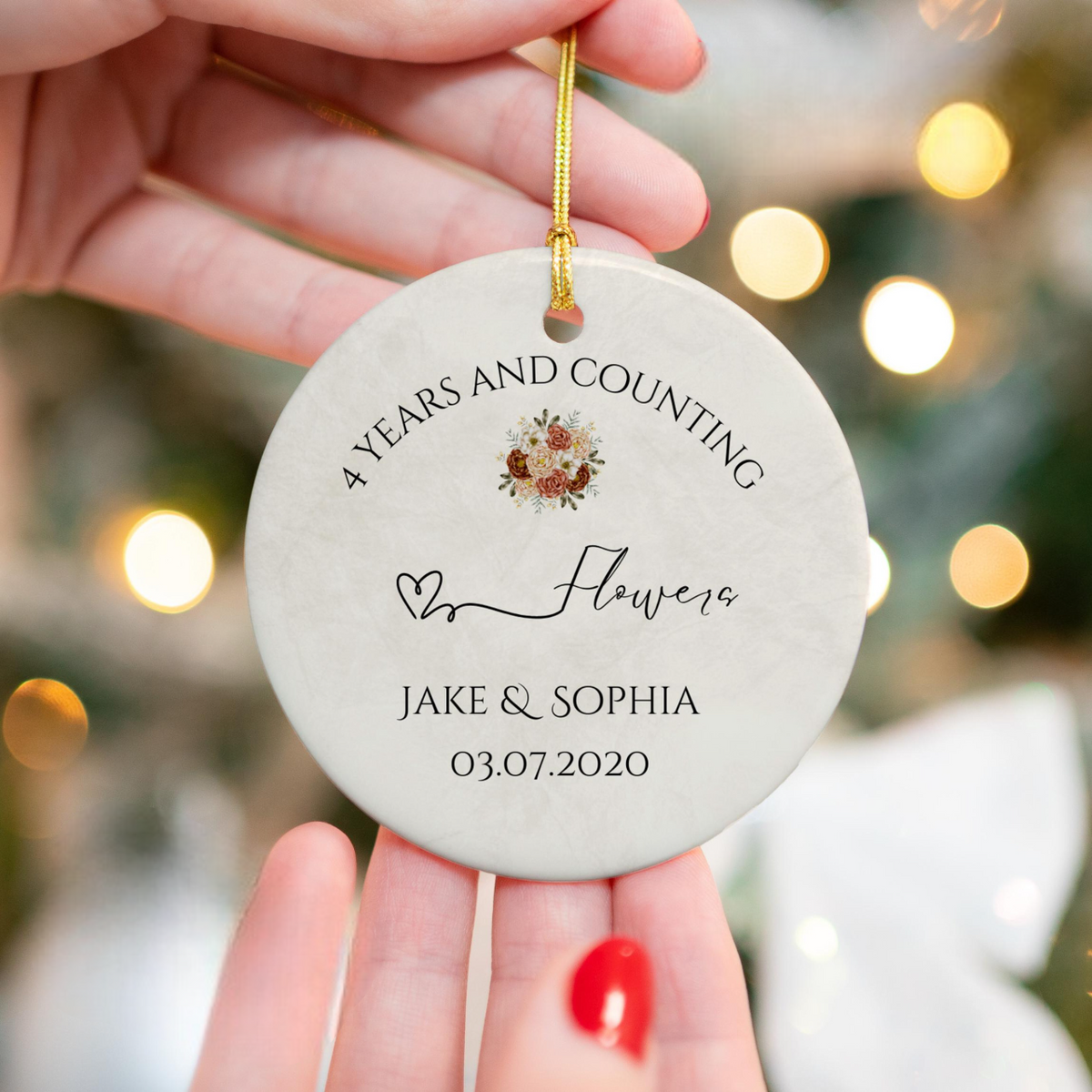 Personalized 4th Anniversary Ornament, Flower Wedding Anniversary Gift, Fourth Year Anniversary Ceramic Ornament, 4 Years Married Keepsake Gift
