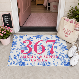Custom Name Blue Chinoiserie Dorm Doormat, Welcome To our Dorm, Roommate Door Decor, College Apartment Gift, Housewarming Gift, Student Gift