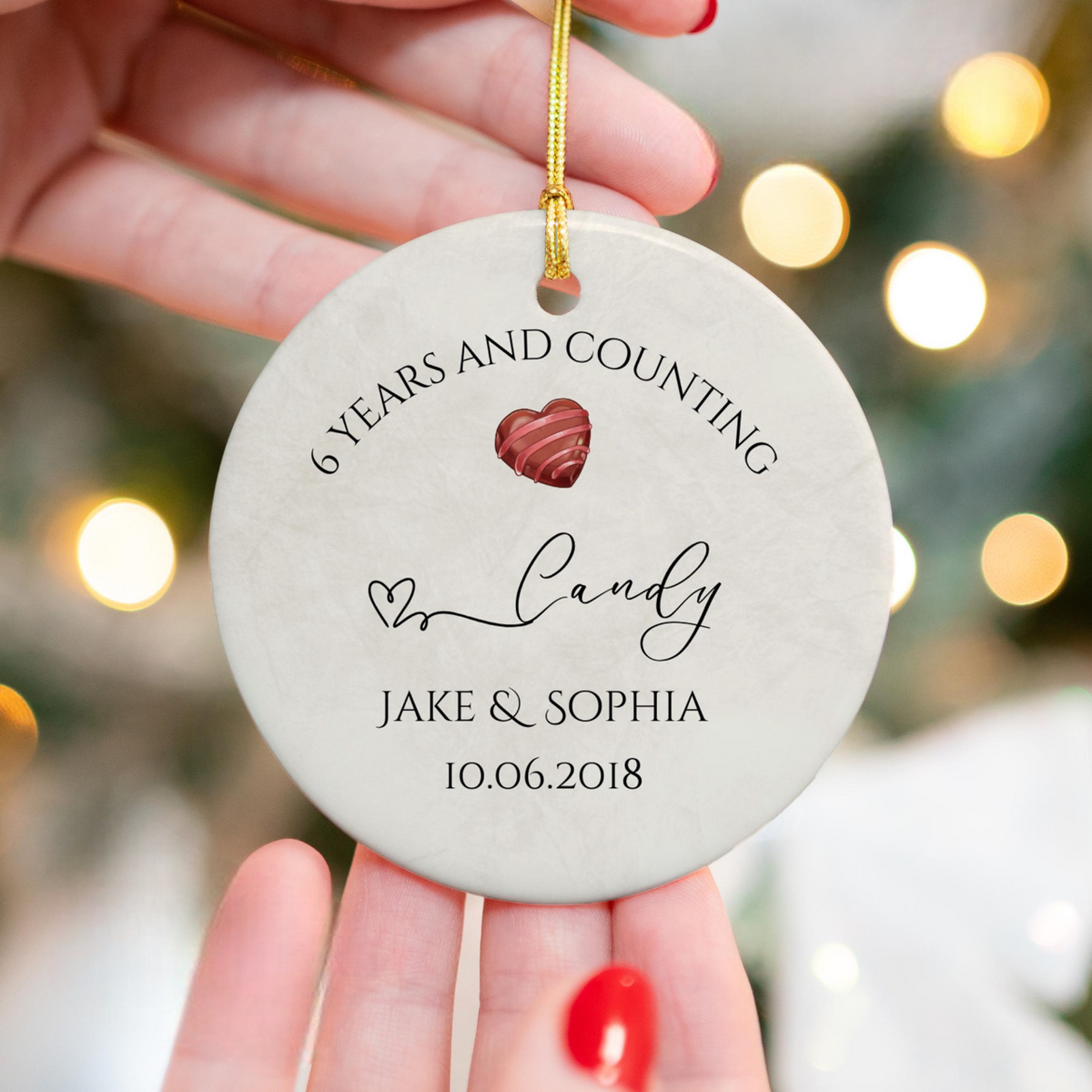 Personalized 6th Anniversary Ornament, Candy Wedding Anniversary Gift, Sixth Year Anniversary Ceramic Ornament, 6 Years Married Keepsake Gift