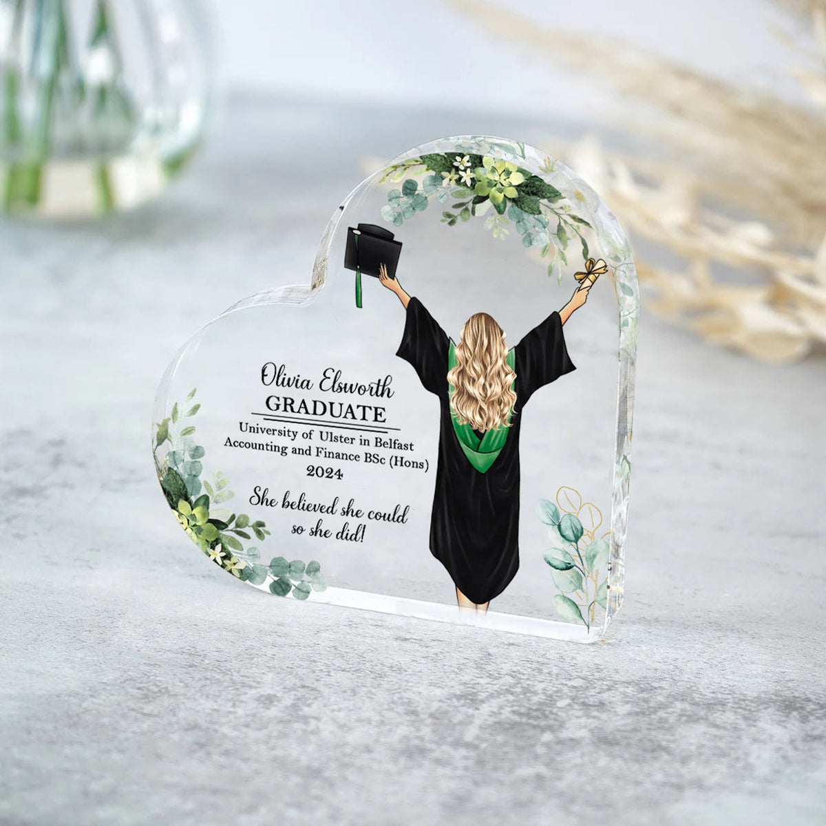 She Believed She Could So She Did - Personalized Heart Acrylic Plaque - Gift For Graduation Day, School Graduation, Grad Gift